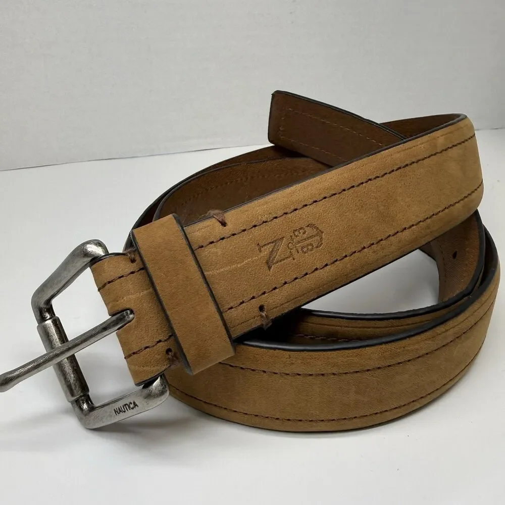 Nautica Men’s Nubuck Leather With Contrast Stitching Tan Belt Sz 38